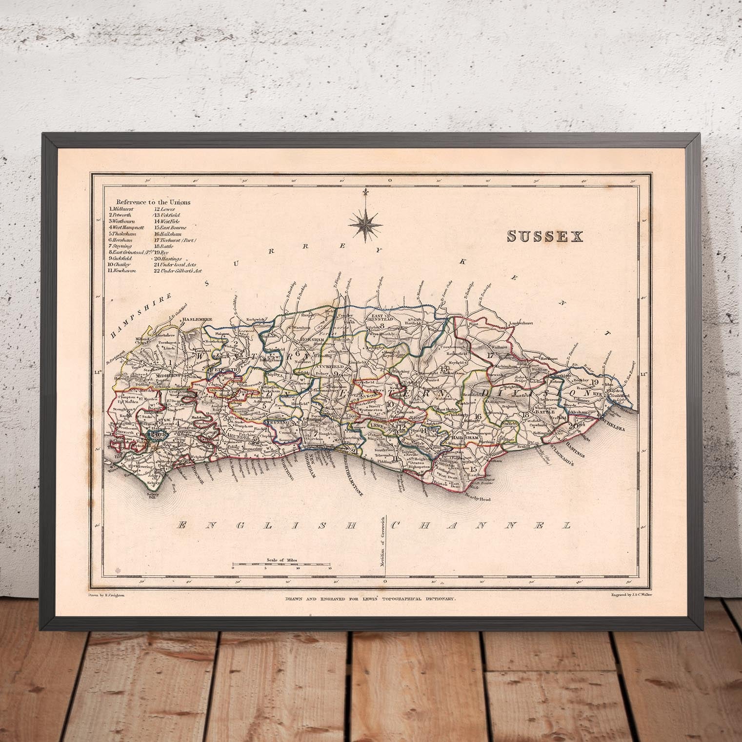 Old Map of East and West Sussex - Sussexsamuellewis1844roughrestore24x18landscape Framedmockup 