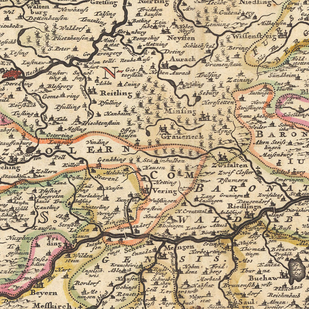 Mapa antiguo del círculo de Suabia de Visscher, 1690: Stuttgart, Mannheim, Augsburgo, Karlsruhe, Estrasburgo