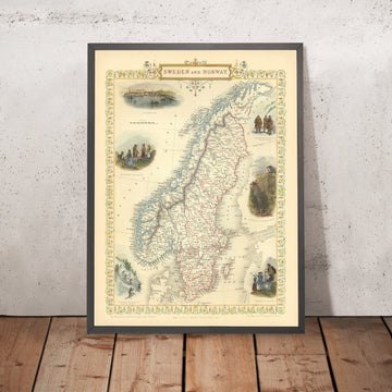 Antigua mapa de Suecia y Noruega por Tallis y Rapkin, 1855: Estocolmo, Cristianía, lapones, minas de hierro, campesinado 