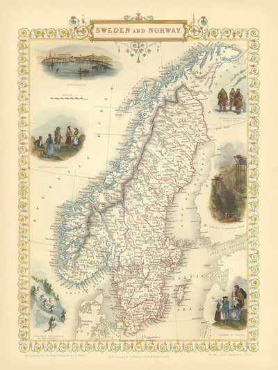 Alte Karte von Schweden und Norwegen von Tallis, 1855: Stockholm, Christiania, Lappländer, Eisenminen, Bauernschaft