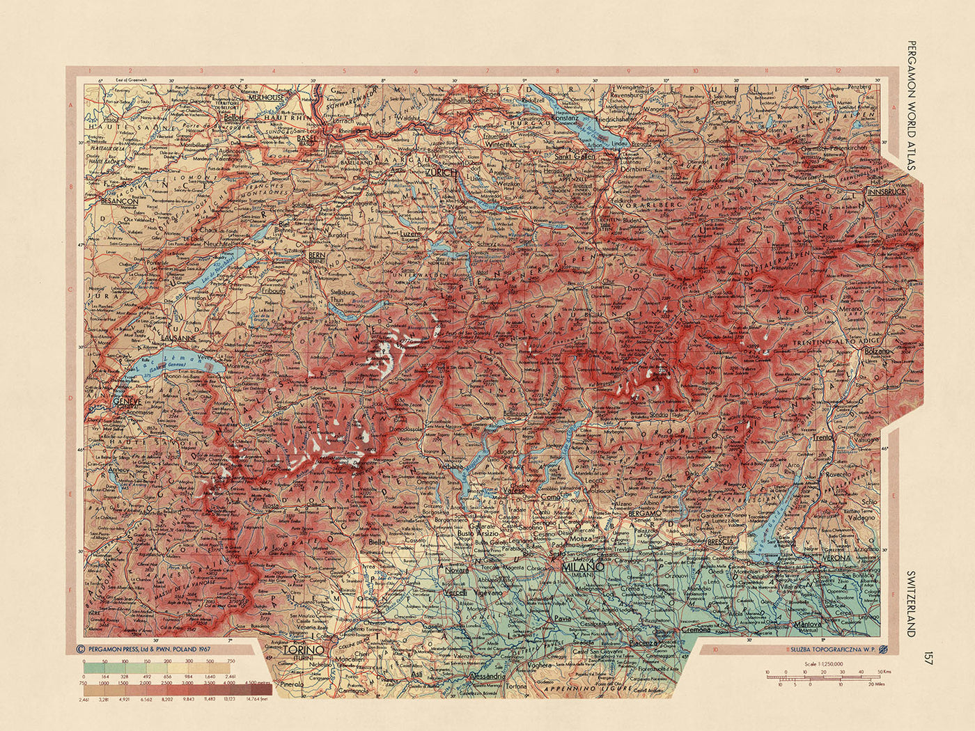 Antiguo mapa de Suiza, 1967: Los Alpes, Berna, Ginebra, Zurich, Lago Lemán