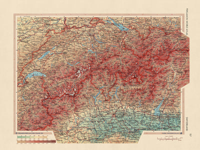 Antiguo mapa de Suiza, 1967: Los Alpes, Berna, Ginebra, Zurich, Lago Lemán