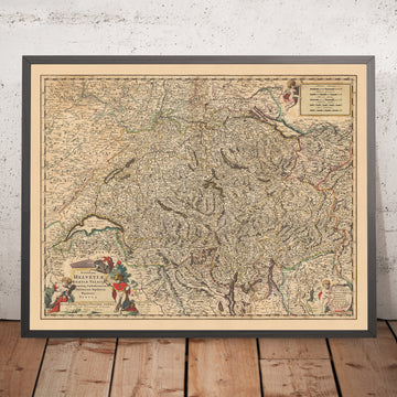 Old Map of Switzerland by Visscher, 1690: Bern, Zürich, Geneva, Laussane, Gruyère Pays-d&