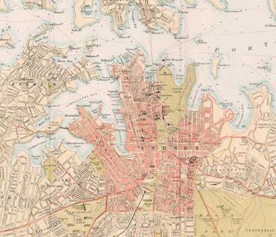 Old Map of Sydney in 1890 by Bartholomew - Port Jackson, Potts Point, Parramatta River, Botany Bay, Darling Point