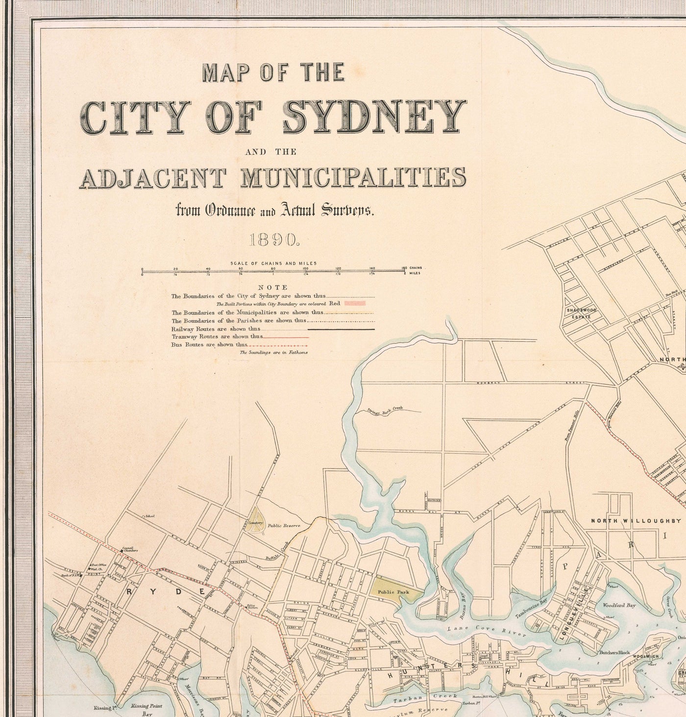 Old Map of Sydney in 1890 by Bartholomew - Port Jackson, Potts Point, Parramatta River, Botany Bay, Darling Point
