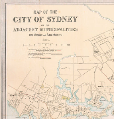 Ancienne carte de Sydney en 1890 par Bartholomew - Port Jackson, Potts Point, rivière Parramatta, Botany Bay, Darling Point