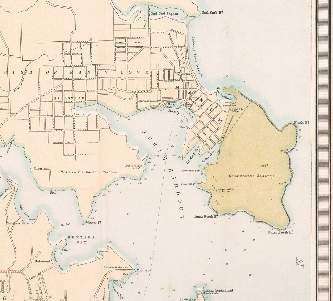 Ancienne carte de Sydney en 1890 par Bartholomew - Port Jackson, Potts Point, rivière Parramatta, Botany Bay, Darling Point