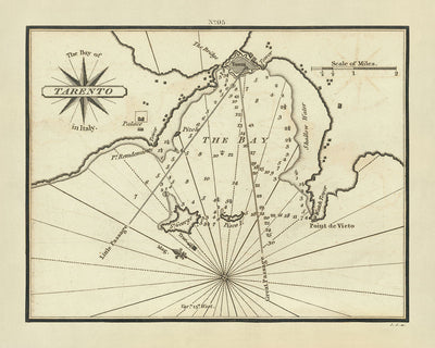 Old Bay of Taranto, Italy Nautical Chart by Heather, 1802: Gulf of Taranto, Ionian Sea, Strait of Otranto