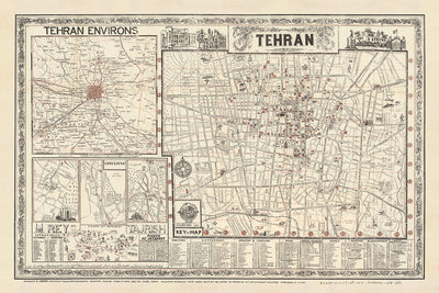 Mapa antiguo de Teherán de Sahab Abbas, 1956: Mehran, Bazaar, Abouzar, Sadeghiyeh