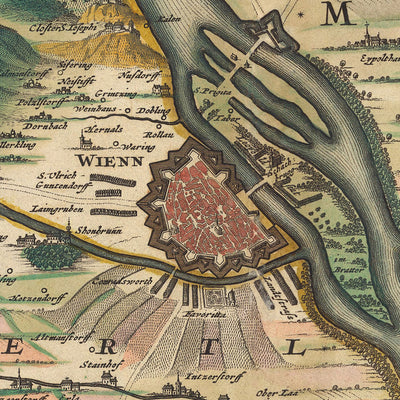 Old Map of Territory around Vienna: Visscher, 1690: Tulln, Schwechat, Klosterneuburg, Baden bei Vien, Lainzer Tiergarten