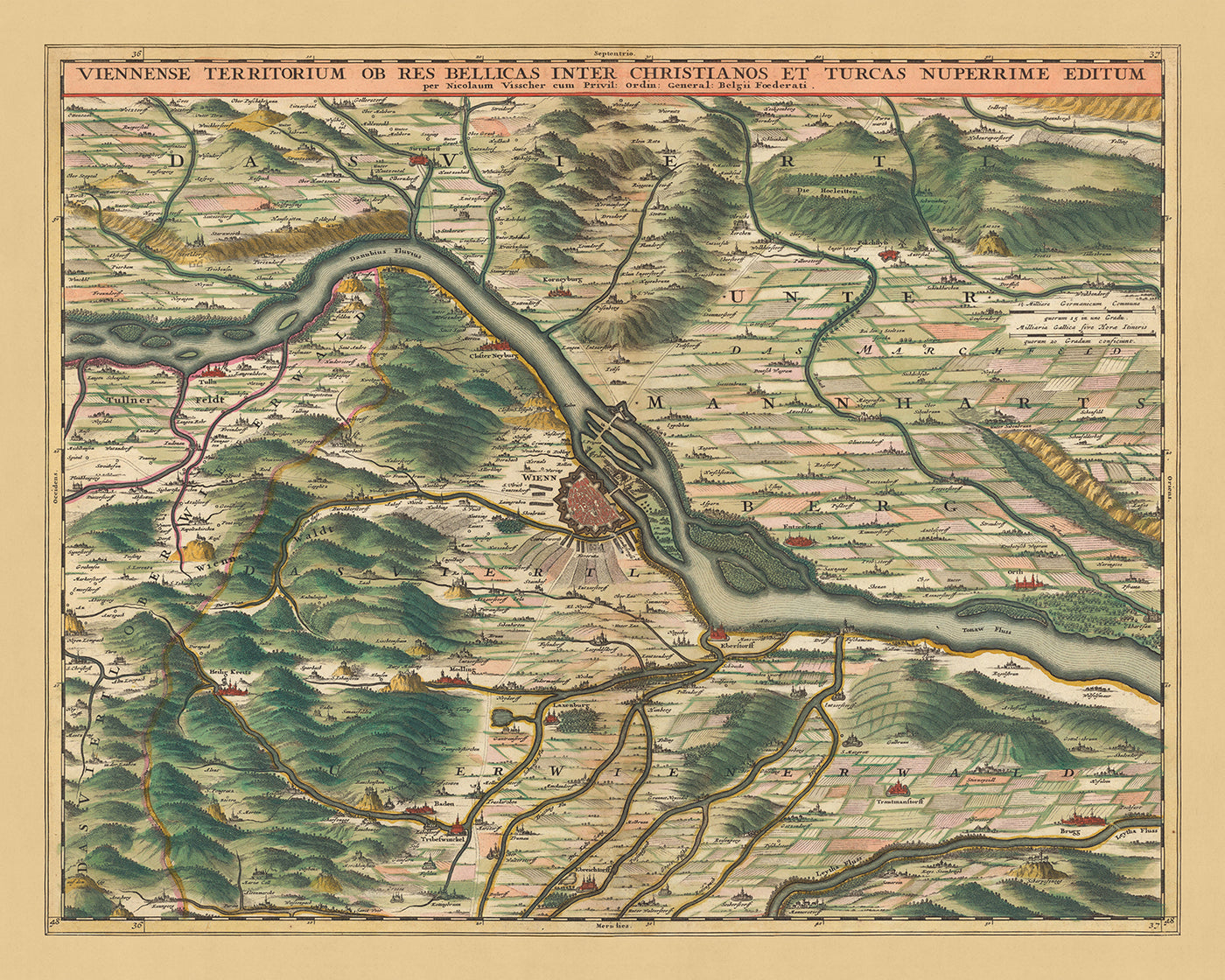 Old Map of Territory around Vienna: Visscher, 1690: Tulln, Schwechat, Klosterneuburg, Baden bei Vien, Lainzer Tiergarten
