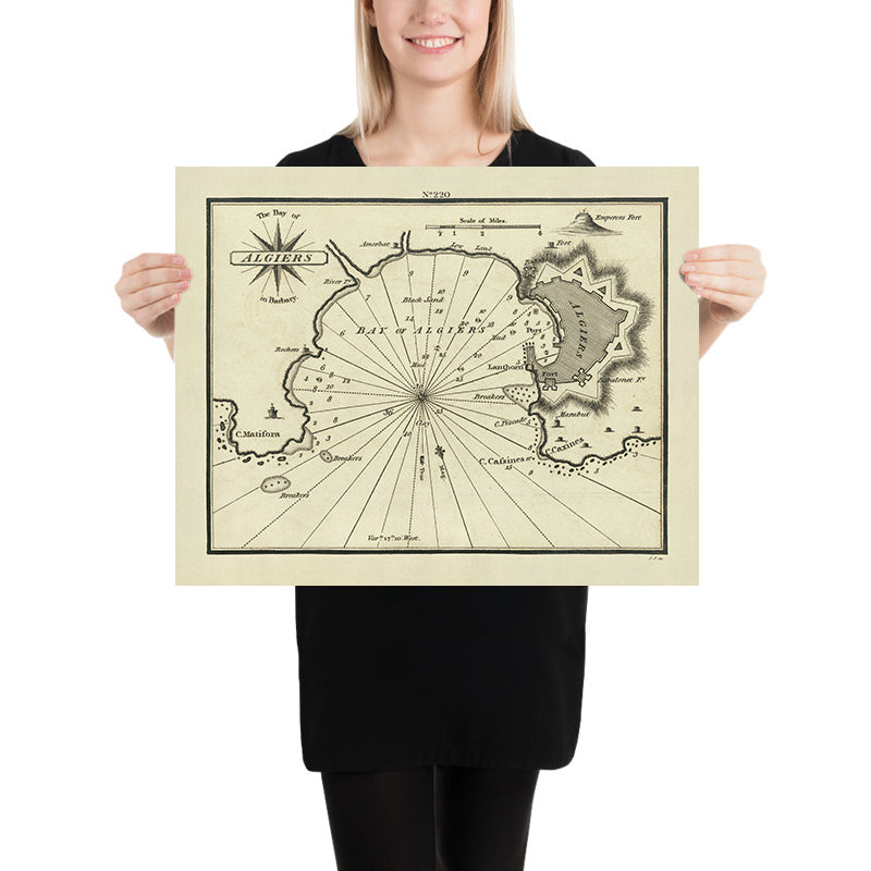 Alter Seekarten von Algier von Heather, 1802: Algerien, Osmanisches Regime, Befestigungen 