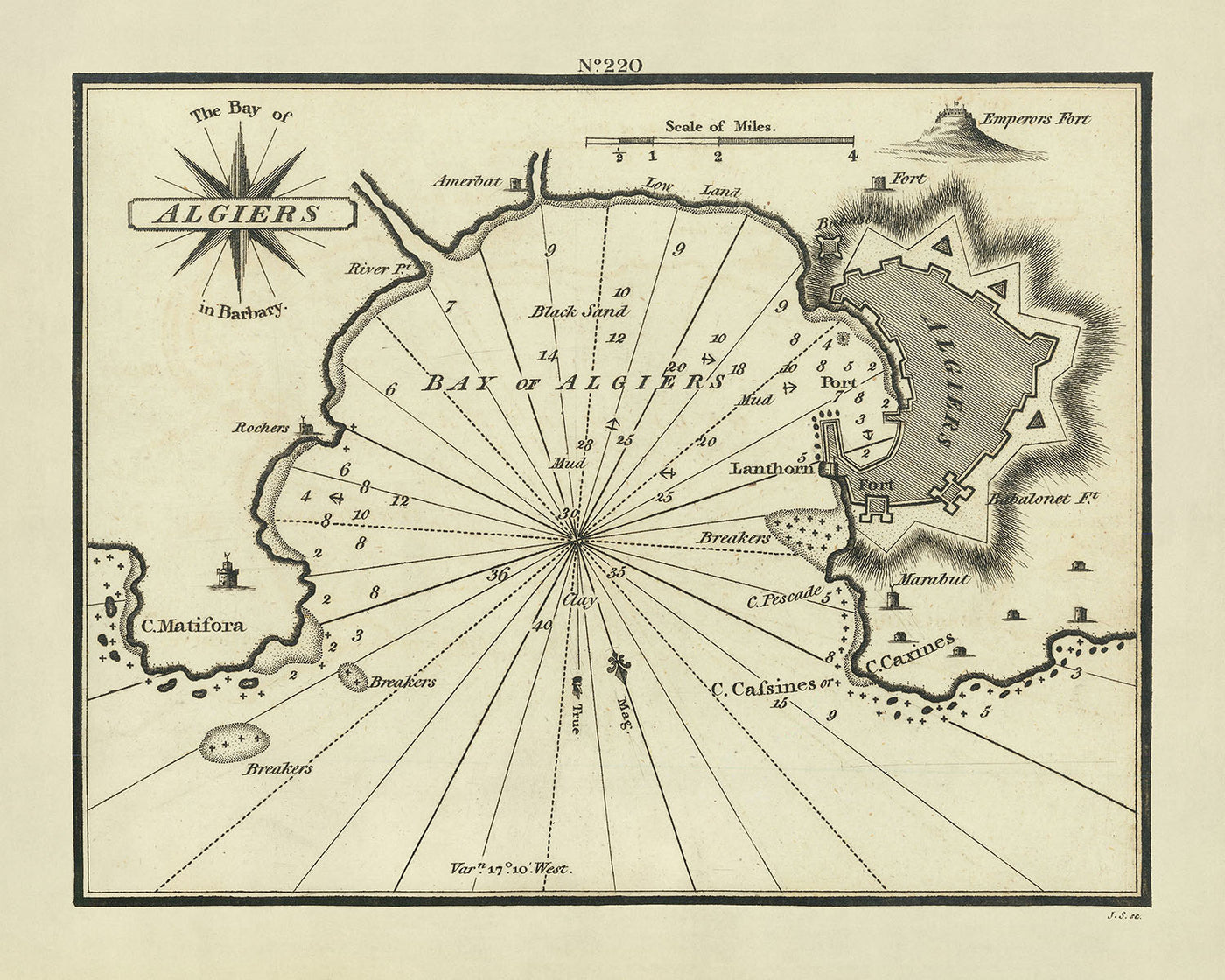 Carte nautique de la vieille baie d'Alger par Heather, 1802 : Alger, Régence ottomane, Fortifications