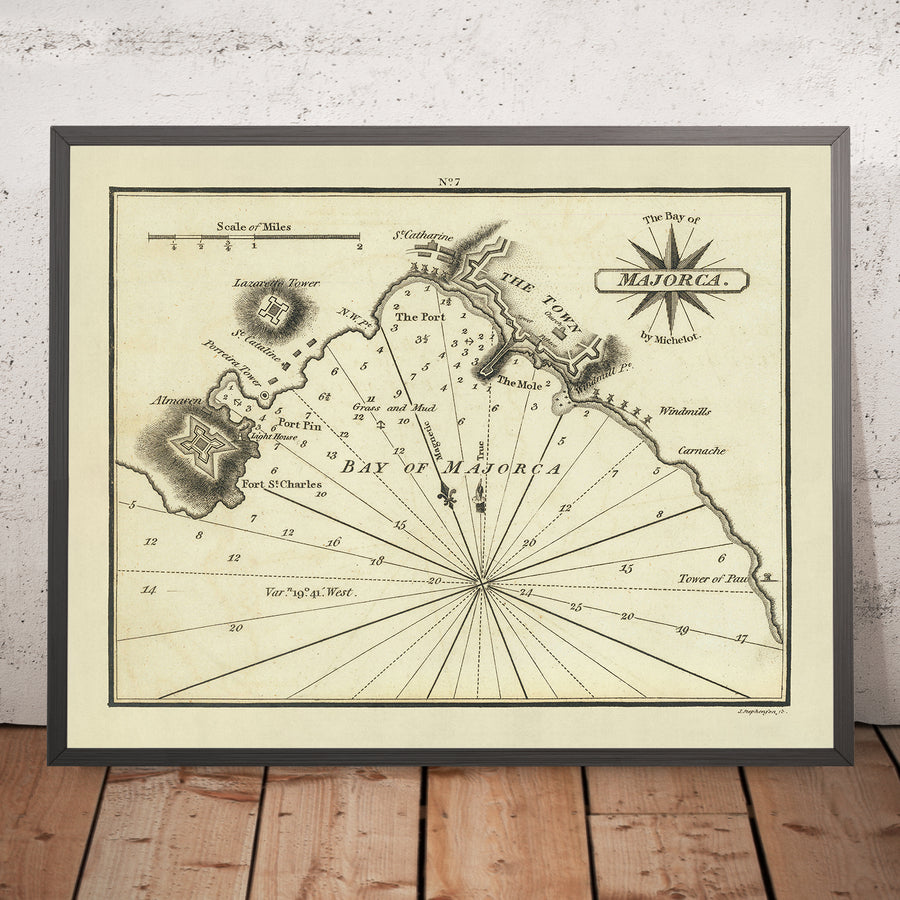 Alter Seekarten von Mallorca von Heather, 1802: Lazaretturm, Porreira-Turm, Almacen 