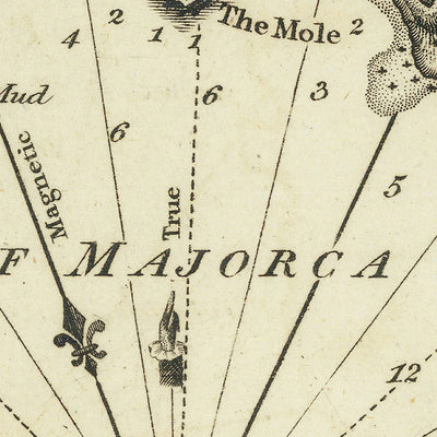 Ancienne carte marine de Majorque par Heather, 1802 : tour Lazarette, tour Porreira, Almacen
