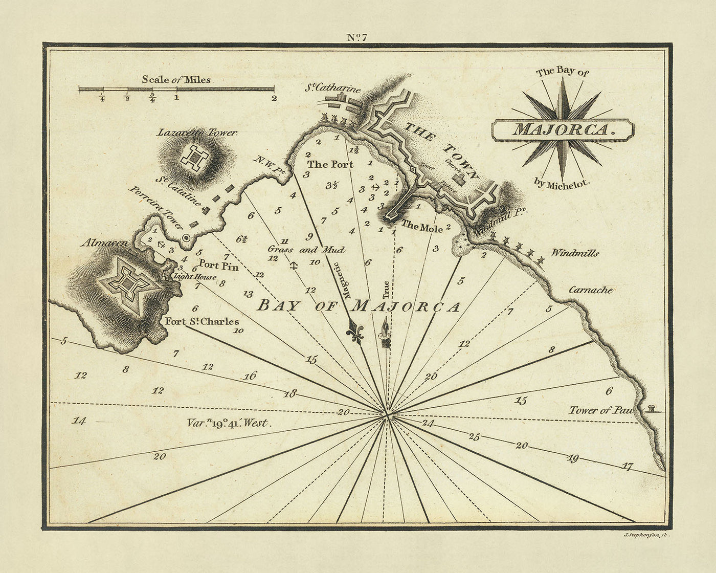 Ancienne carte marine de Majorque par Heather, 1802 : tour Lazarette, tour Porreira, Almacen