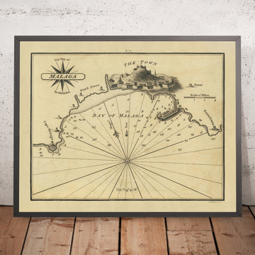 Old Bay of Malaga Nautical Chart by Heather, 1802: Fortified Town, Cape Malaga, Bastiani Lighthouse