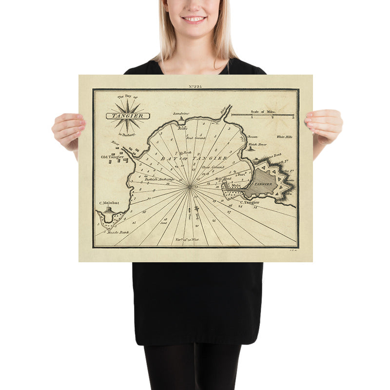 Alter Hafen von Tanger, Marokko Nautische Karte von Heather, 1802: Portugiesische & Englische Festungen, Schlachtfeld 