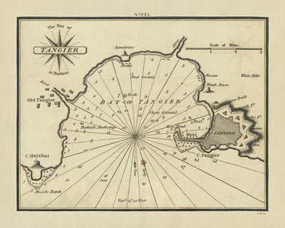 Old Bay of Tangier, Morocco Nautical Chart by Heather, 1802: Portuguese & English Forts, Battle Site