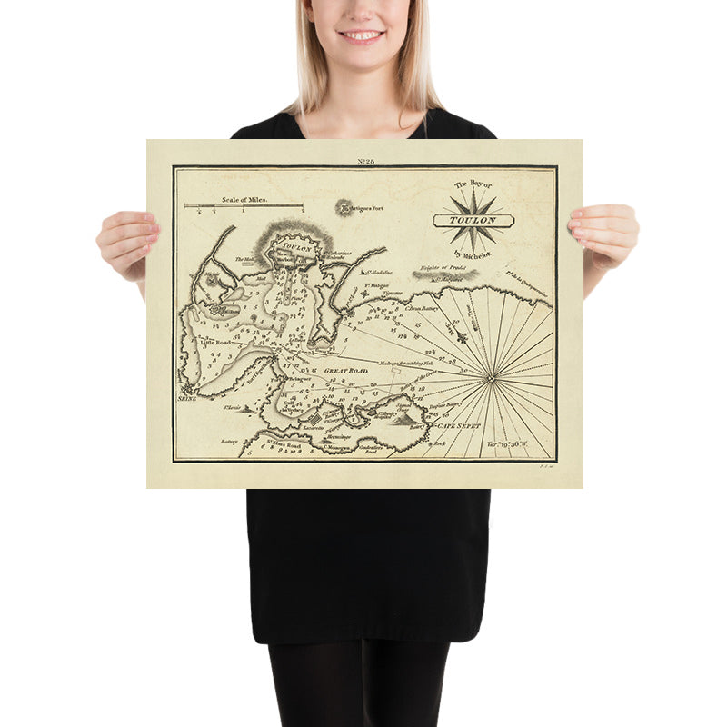 Alte Seekarte von Toulon von Heather, 1802: Befestigungen, Tiefen, Militäranlagen 