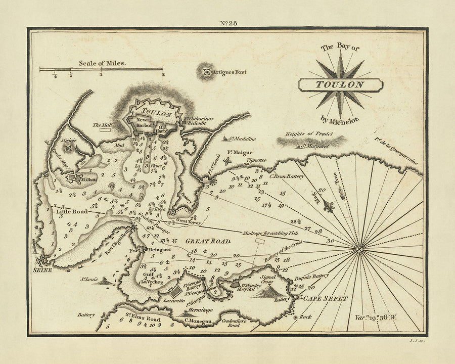 Alte Seekarte von Toulon von Heather, 1802: Befestigungen, Tiefen, Militäranlagen 