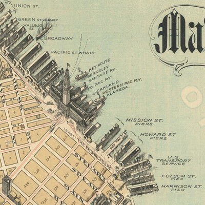 Ancienne carte illustrée de San Francisco par Chevalier, 1911 : Golden Gate Park, Presidio, Ingleside, Lake Merced, Union Iron Works