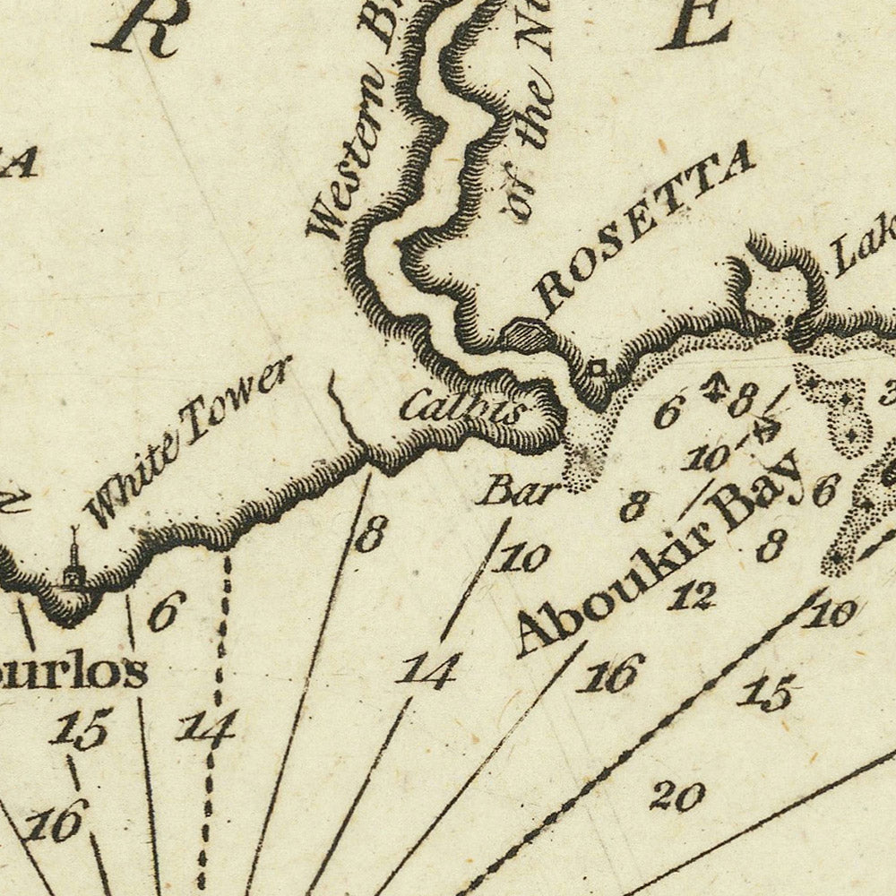 Carta náutica de la antigua costa egipcia de Heather, 1802: Delta del Nilo, Alejandría, Rosetta