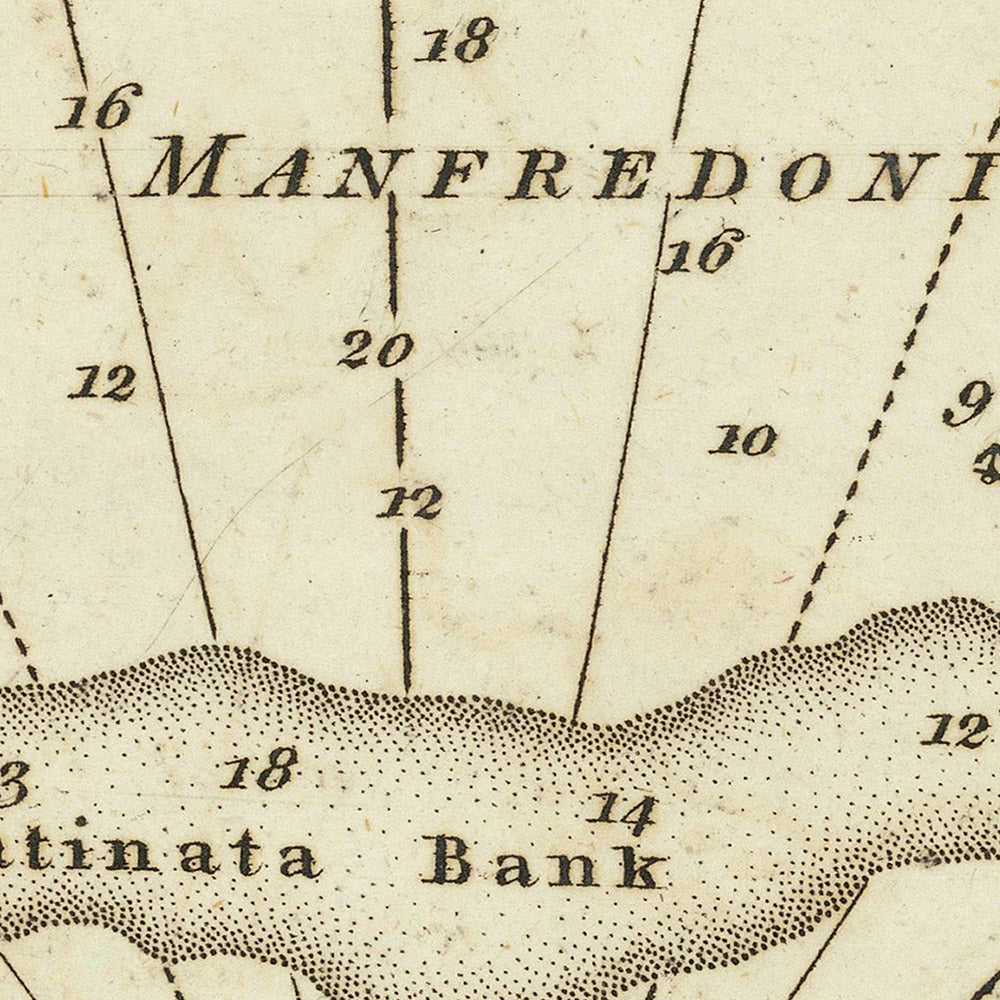 Carta náutica del antiguo golfo de Manfredonia de Heather, 1802: península de Gargano, islas Tremiti, fuerte de San Angelo