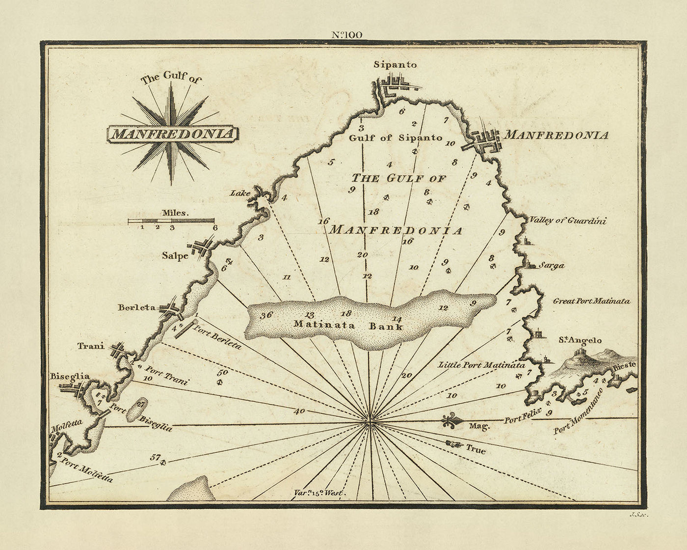 Carta náutica del antiguo golfo de Manfredonia de Heather, 1802: península de Gargano, islas Tremiti, fuerte de San Angelo