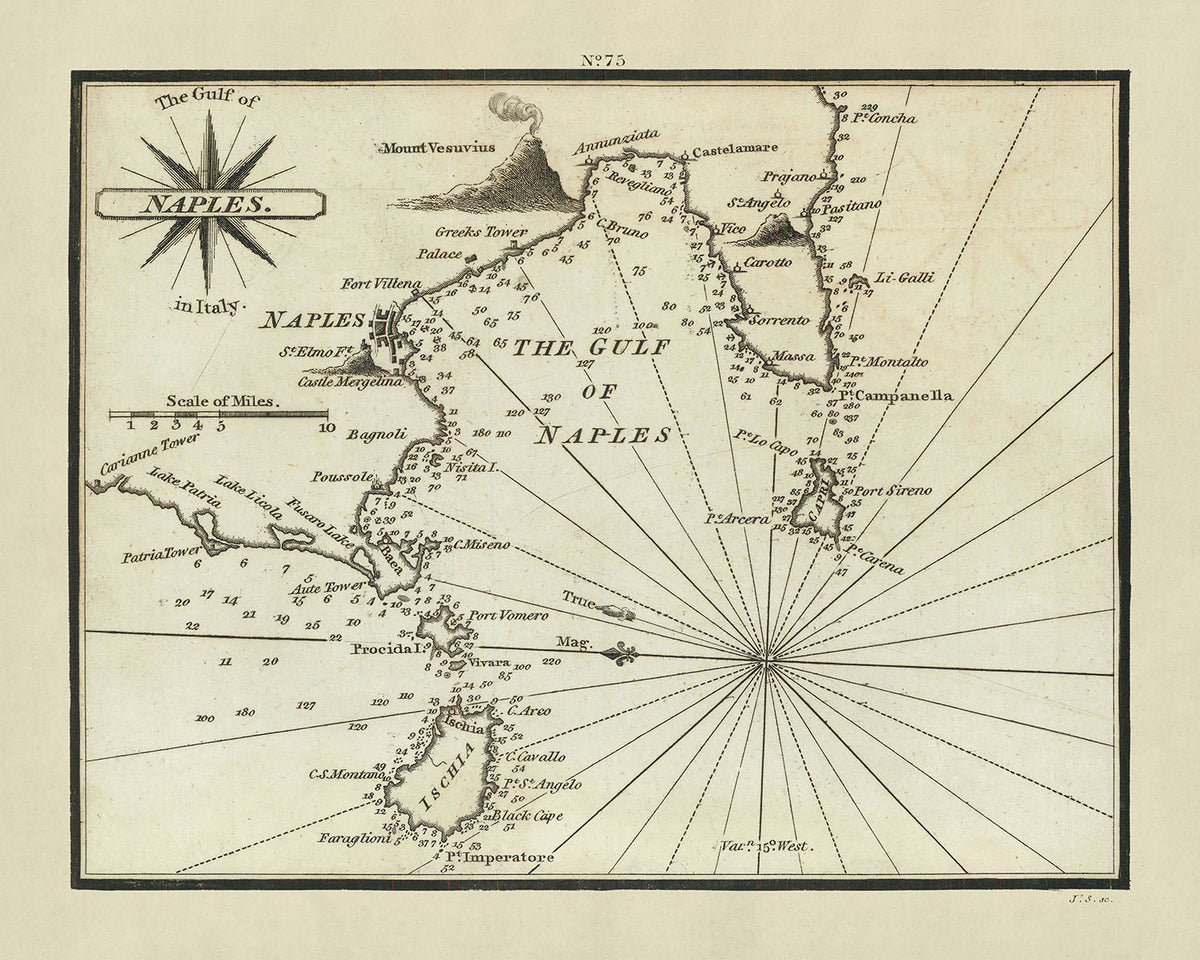 Ancienne carte nautique du Golfe de Naples par Heather, 1802 : Mont Vésuve, Capri, Côte Amalfitaine, Sorrente 
