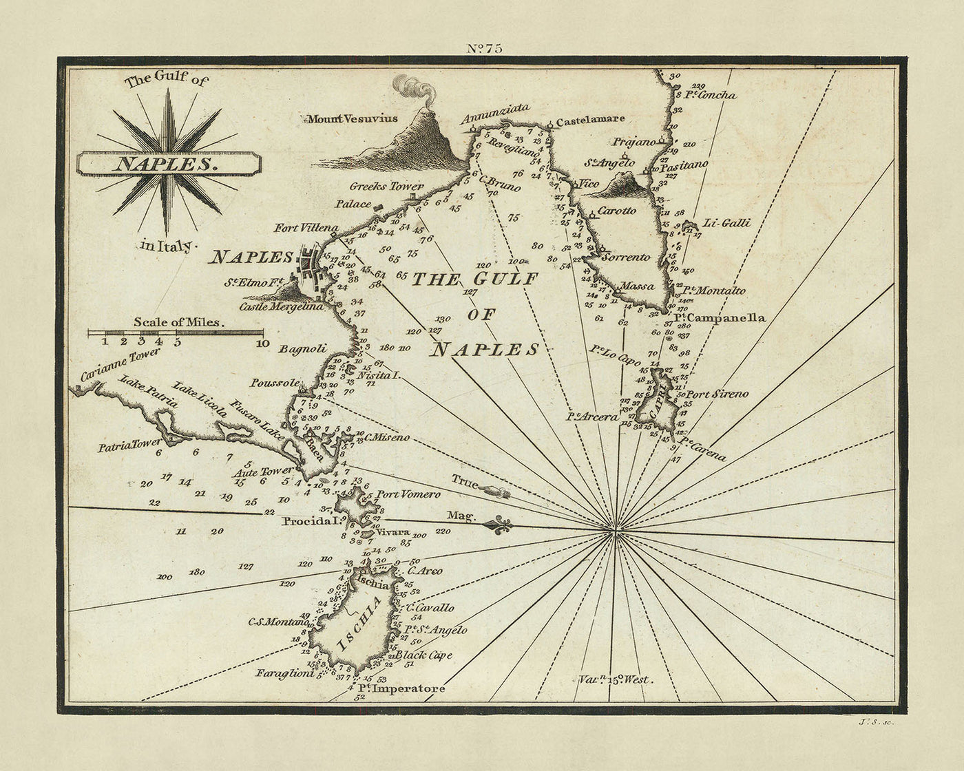 Old Gulf of Naples Nautical Chart by Heather, 1802: Mount Vesuvius, Capri, Amalfi Coast, Sorrento