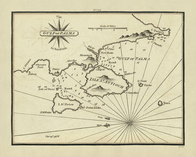 Old Gulf of Palma Nautical Chart by Heather, 1802: Sardinia, Sant' Antioco, Isola di San Pietro