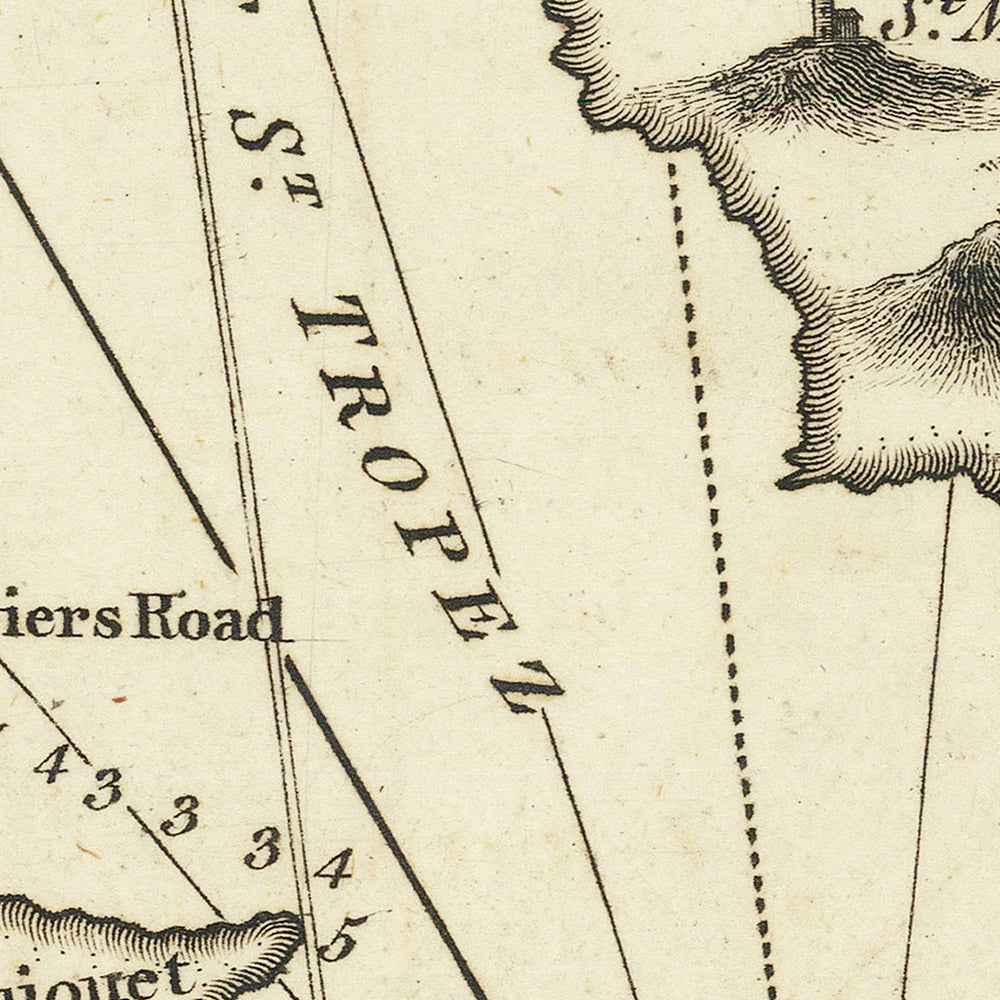 Ancienne carte marine du golfe de Saint-Tropez par Heather, 1802 : cabanes de pêche, forts, aides à la navigation