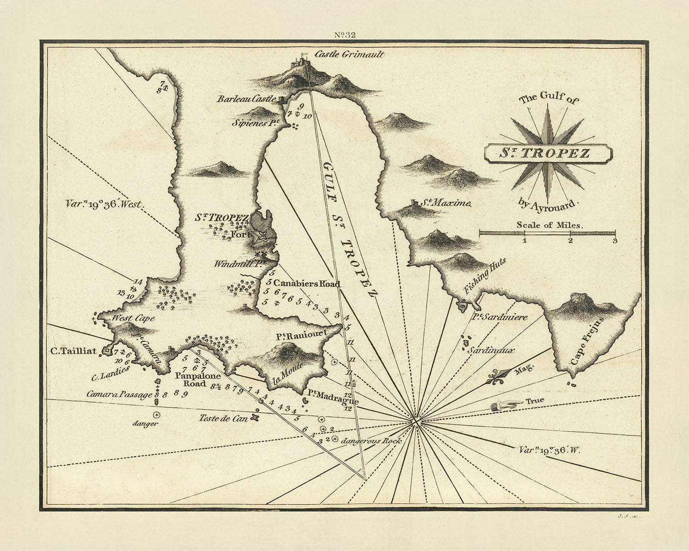 Antigua carta marítima del golfo de St. Tropez de Heather, 1802: cabañas de pesca, fuertes y ayudas a la navegación