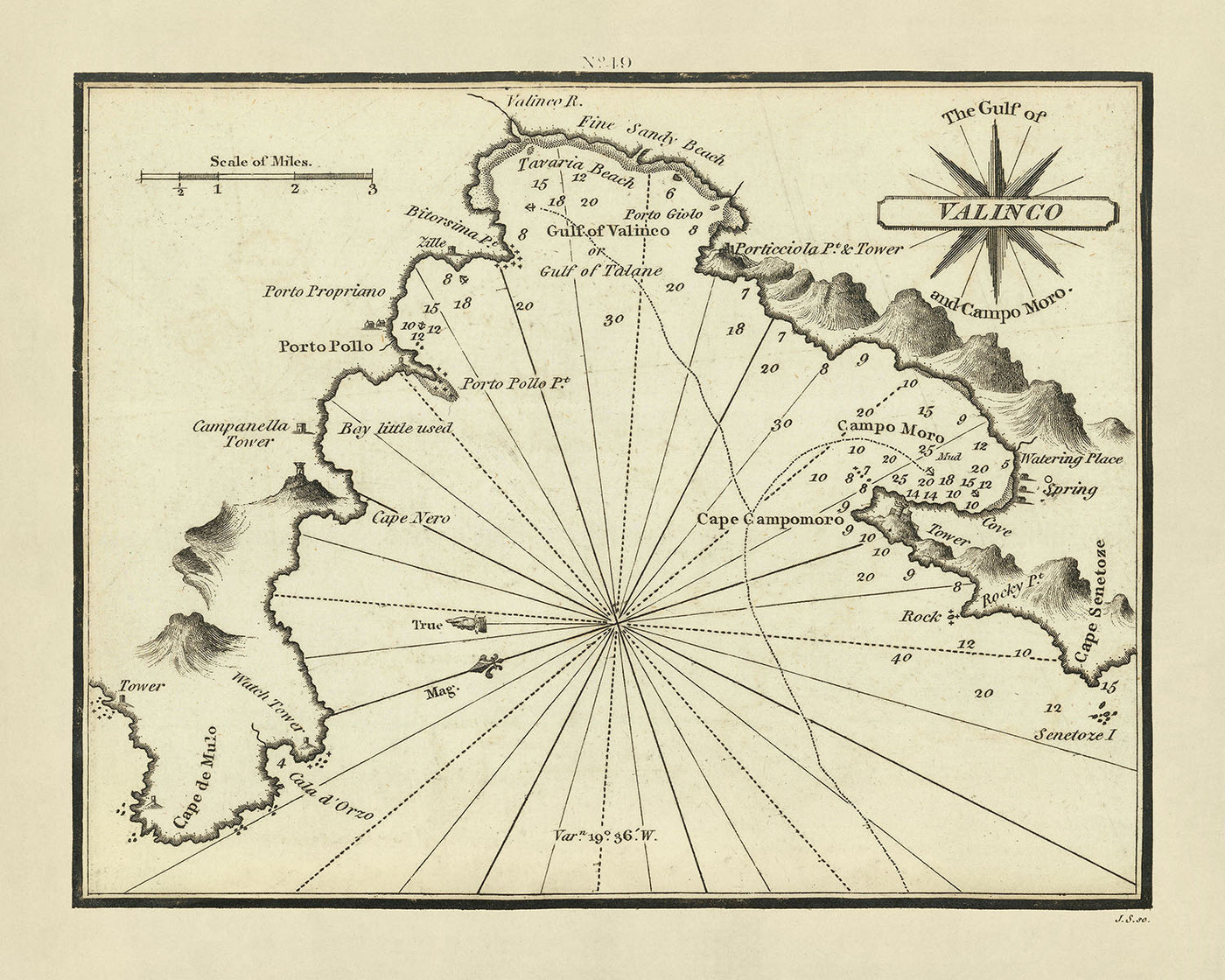 Antigua carta náutica del golfo de Valinco de Heather, 1802: Valinco, Campo Moro, Torre Porticciola