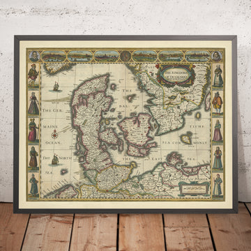 Mappa antica del Regno di Danimarca di Speed, 1626: Copenaghen, Elsinore, Amburgo, Mare Baltico 