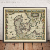 Mappa antica del Regno di Danimarca di Speed, 1626: Copenaghen, Elsinore, Amburgo, Mare Baltico 
