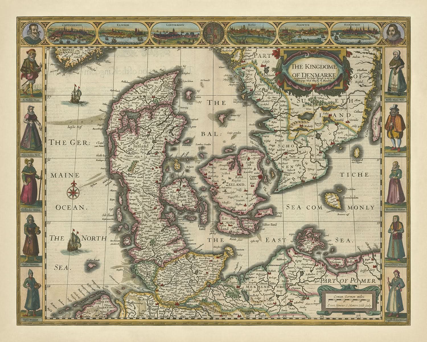 Colonial Denmark Map Old Map of the Kingdom of Denmark by Speed, 1626: Copenhagen, Elsinore ...