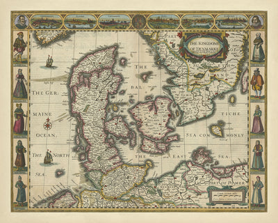 Antiguo mapa de Dinamarca por Speed, 1626: Copenhague, Elsinor, Hamburgo, Mar Báltico, figuras disfrazadas