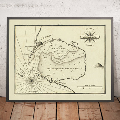 Old Port of Benghazi, Libya Nautical Chart by Heather, 1802: Fortres Point, Cape, Compass Rose