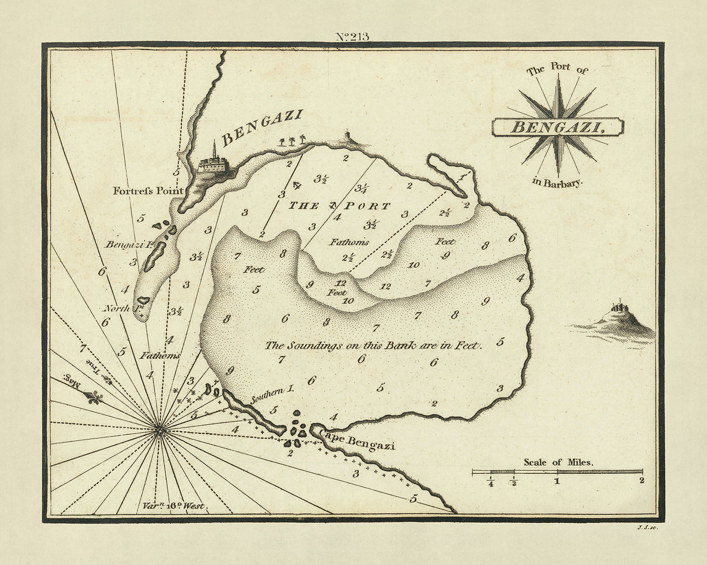 Antigua carta náutica de Bengasi de Heather, 1802: Fortres Point, cabo Bengazi, rosa de los vientos