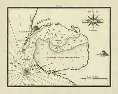 Ancienne carte marine de Benghazi par Heather, 1802 : Fortres Point, Cap Bengazi, Rose des Vents