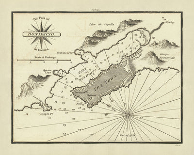 Old Port of Bonifacio, Corsica Nautical Chart by Heather, 1802: Town, Soundings, Fortress, Ranella Cove