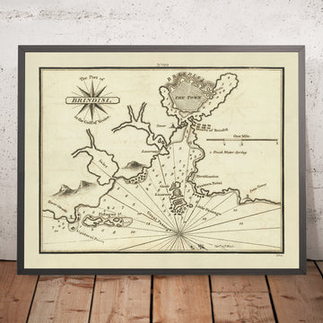 Old Port of Brindisi, Italy Nautical Chart by Heather, 1802: Swabian Castle, Great Passage, Napoleonic Wars