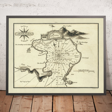 Old Port of Cartagena Nautical Chart by Heather, 1802: Murcia, Spain, Fortifications, Landmarks