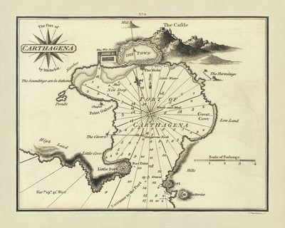 Old Port of Cartagena Nautical Chart by Heather, 1802: Murcia, Spain, Fortifications, Landmarks