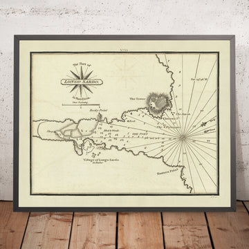 Puerto Viejo de Longo Sardo, Carta Náutica de Cerdeña por Heather, 1802: Torre, Punta Rocosa, Sondeos 