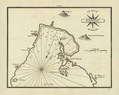 Old Port of Napoli de Romania, Greece Nautical Chart by Heather, 1802: Nafplion, Argolic Gulf