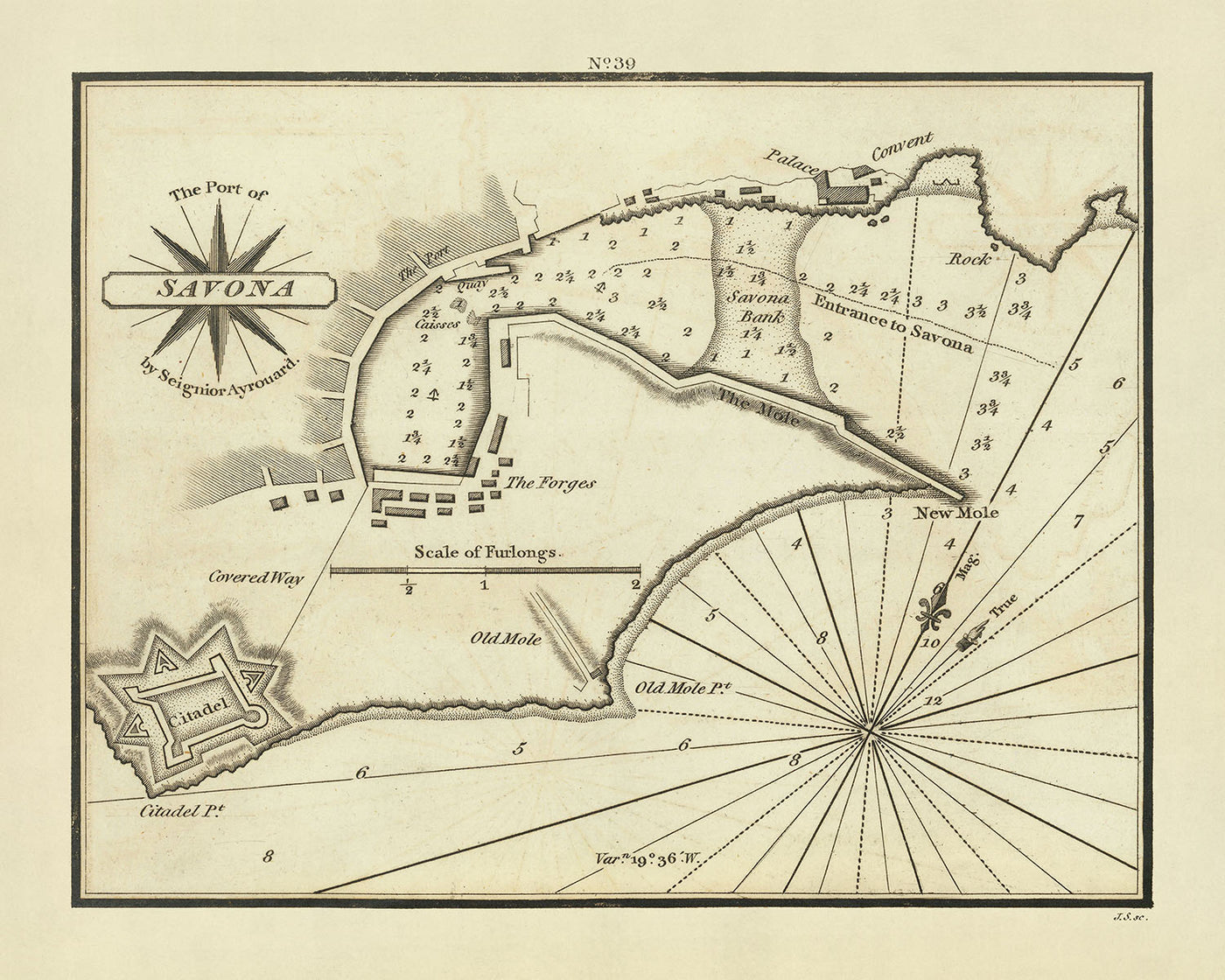 Old Port of Savona Nautical Chart by Heather, 1802: Harbor, Citadel, Convent