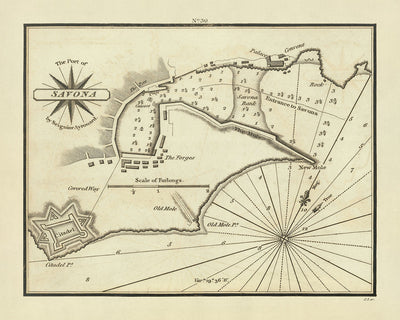 Carte nautique du Vieux-Port de Savone par Heather, 1802 : port, citadelle, couvent